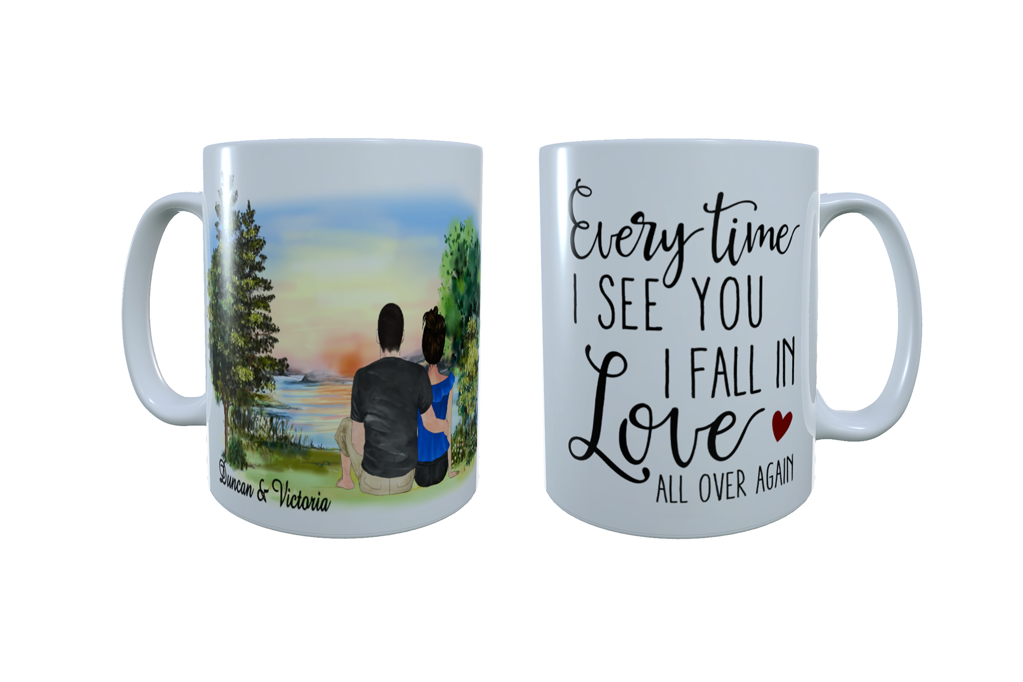 Romantic Couple Sunset Lakeside Ceramic Mug, Custom Couples Mug